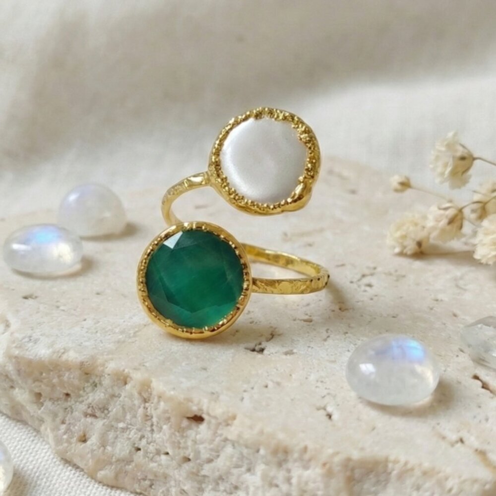 Turkish Artisan 18K Gold Plated Genuine Emerald Mother of Pearl Adjustable Ring